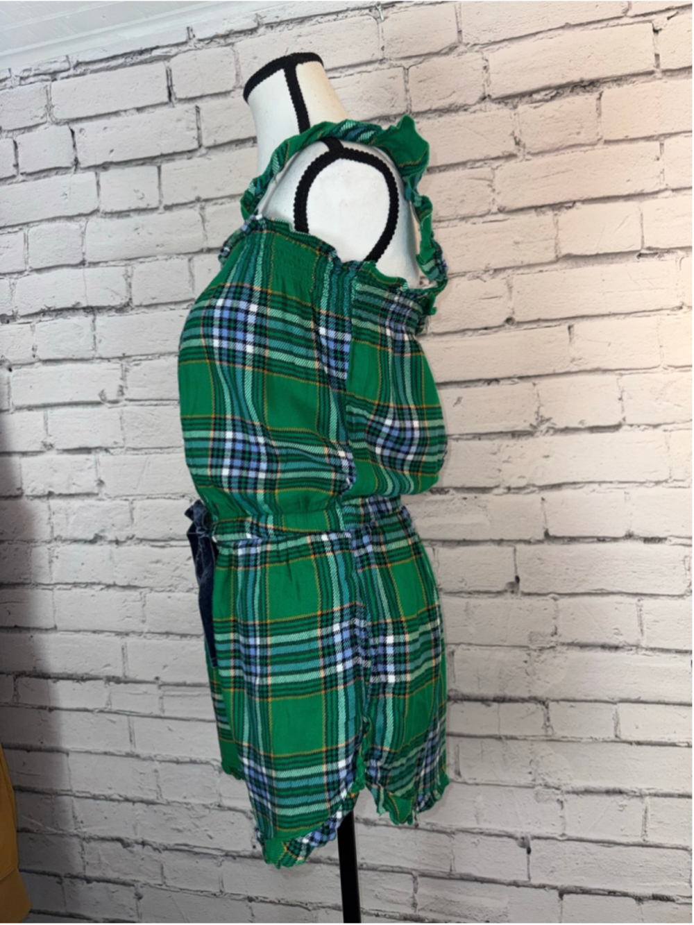 Women's Aerie Flannel Romper size XS Green Plaid Ruffle Boho Velvet Bow Fall - Picture 6 of 15
